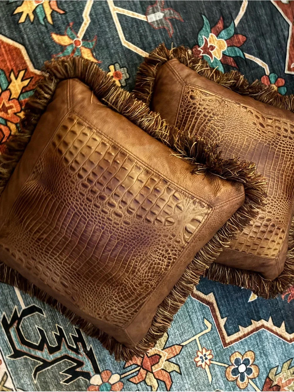 2 Premium Faux Croc Leather Fringe Accent Pillow - Brown